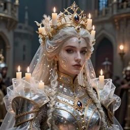 epic ultra detailed realistic portrait of beautiful queen in incredible armor made of candles and translucent fabric. in the castle magic, concept art, incredible face. intricate, elegant. by basil gogos. art by wlop and artgerm and greg rutkowski and andrei riabovitchev. medieval background my james jean
