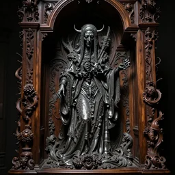 a cinematic view of an highly ornated intricate macabre impressionist sacred statue of veiled ghoul made in light dark oak, with few ornaments in shiny polished graphite, sculpted by hedi xandt and antonio corradini, dark surrealism, freak gothic style