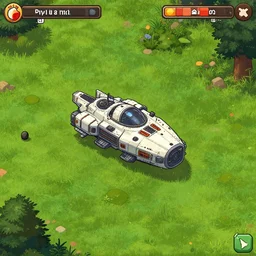 a small spaceship that needs repaired, on a grass field, from a point and click 2 d graphic adventure game, set design inspired slightly by hg giger and tomb raider, art inspired by [ thomas kinkade ] and [ mark keathley ]