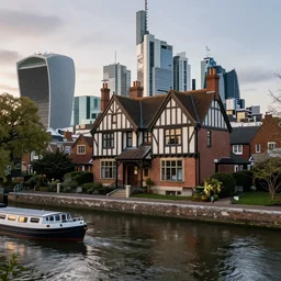 realistic photo of a tudor style detached house, skyscrapers on the background, a river flowing through the scene, houseboat in the foreground, dusk