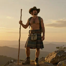 a full - body portrait by greg rutkowski and albert bierstadt of a handsome shirtless desi hiker with a longing expression on his face. he is wearing a kilt and cowboy hat. he is holding a long wooden pole. highly detailed, golden hour lighting, dramatic, ethereal, dreamlike. trending on artstation