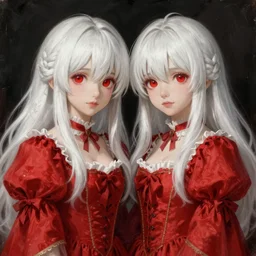 Epic rococo painting of two young identical twins, with white skin, long white hair and red eyes. Wearing identical red clothes. Middle age. Castlevania, ultra-detailed. Anime, pixiv, UHD 8K CryEngine, octane render
