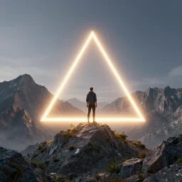a man standing in the middle of a mountain with a glowy triangle, a render by filip hodas, behance contest winner, environmental art, rendered in cinema 4 d, volumetric lighting