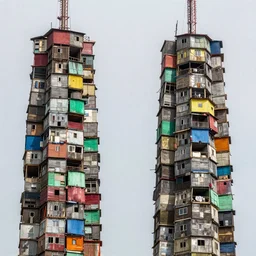close - up view of two symmetrical long suspended towers made up of colourful makeshift squatter shacks, faded colours, plain uniform sky, mamiya, very detailed, photographed by cristina de middel