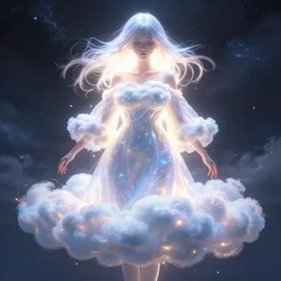 a goddess wearing cloud clothes, clothes that look like clouds, stormy clothing, ambient lighting, luminous, radiant, glowing, iridescent, lustrous, shimmering, brilliant, vivid, digital art, anime style