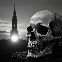 The sun setting on a skull, with a looming tower in the distance. Dark Fantasy, Film Noir, Black and White. High Contrast, Mike Mignola, D&D, OSR