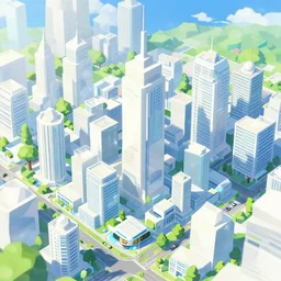 isometric low poly city landscape of a lush and bright futuristic city, full of white buildings and futuristic cars, bright blue sky, makoto shinkai