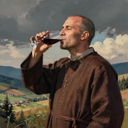 pop art of an Orthodox monk drinking wine