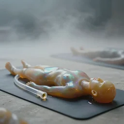 cinestill macro of iridiscent oil slick corpses connected by a transparent pipe to a wax form relaxing on yoga mat, faded, gradient, fog, smoke, depth of field, blur, very detailed, glitch, by nadav kander and hans bellmer, 8 k, ultrarealistic, ultradetailed, sad atmosphere, cinematic, 3 5 mm lens, f / 3 2