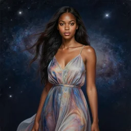 full - length portrait of a young black woman with long flowing hair, with cute - fine - face, pretty face, realistic shaded perfect face, wearing a flowing sundress, standing in front of a starry galaxy, detailed face, fantasy, cinematic lighting, digital art painting, fine details by realistic shaded lighting poster by ilya kuvshinov katsuhiro otomo, magali villeneuve, artgerm, jeremy lipkin and michael garmash and rob rey