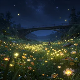 a fantasy landscape with a field of glowing flowers and a bridge in the sky, stars, fireflies, glowing, ultra realistic, concept art, intricate details, eerie, highly detailed, photorealistic, octane render, 8 k, unreal engine. art by rebecca guay and artgerm and greg rutkowski and charlie bowater, dixit card