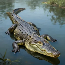 lake landscape huge full length crocodile, deep focus, fantasy, intricate, elegant, highly detailed, digital painting, artstation, concept art, matte, sharp focus, illustration, art by artgerm and greg rutkowski