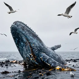 a beached whale, completely covered in oil, oil spill, seagulls flying around, high quality photo, 8 k