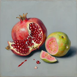 a painting by jenny saville, still life splattered pomegranate and smashed guavas