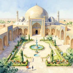 persian garden in a space fortress. this watercolor painting by the award - winning mangaka has dramatic lighting, an interesting color scheme, a sense of depth and intricate details.