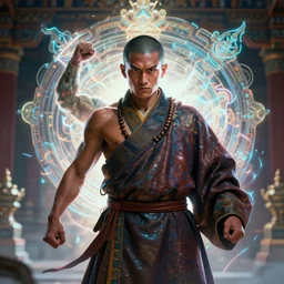 portrait of supernatural tibetan warrior monk in shaolin temple monk clothing, shimmering shangri - la background, intricate, glowing aura, neon, tan skin, sharp focus, octane render, detailed, tough action pose, unreal engine, symmetrical, artstation, art by karol bak, art by artgerm, rossdraws, cinematic, concept art, filmic, vsco