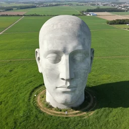 gigantic weird concrete head bust in the middle of a field, aerial view, realistic, by origiful, 4 k
