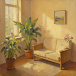 a warm painting of a room interior, calm, relaxing, cosy, warm light, warm color scheme, houseplants, fresh flowers, oil on canvas
