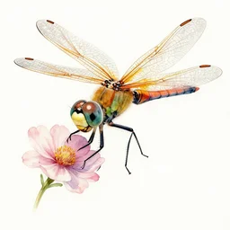 water color illustration of a dragonfly with a human head. flower in it's mouth. collaborative piece by the worlds best artists. trending on everything, all the details.
