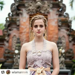 emma watson wearing kebaya bali in bali. temple background. front view. instagram holiday photo shoot, award winning photography, perfect faces