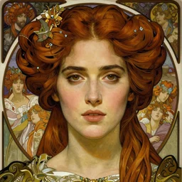 realistic detailed face portrait of Jennifer Connelly as a beautiful young medieval queen by Alphonse Mucha, Ayami Kojima, Amano, Charlie Bowater, Karol Bak, Greg Hildebrandt, Jean Delville, and Mark Brooks, Art Nouveau, Gothic Revival, Pre-Raphaelite, Jugendstil, Surreality, Neo-Gothic, gothic, rich deep moody colors, Art Nouveau