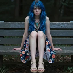 dslr photo of a pretty young woman, full bodied showing face, legs and feet, with blue hair, sitting on a bench wearing a flower skirt, and body and wearing hemp sandals and a very detailed faerie necklace around neck, artgerm, artstation, very high quality face, extremely high quality, moody lighting, real camera, real photo, photography by deviantart, 8 k, full subject in shot