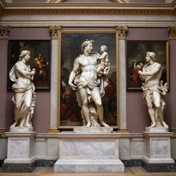 museum of art, art gallery, fine art, realism, extreme detail, marble, stone, baroque paintings, sculptures, symmetrical composition