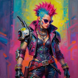 a portrait of an apocalyptic scifi punk rock biker character design, psychedelic vibrant colors, futuristic punk rock fashion, oil painting by michael whelan art, ed repka art, sharp focus, realistic, highly detailed, 8 k