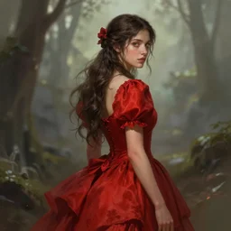 brunette fairy woman, wearing red puffy dress, d & d, fantasy, highly detailed, digital painting, trending on artstation, concept art, sharp focus, illustration, art by artgerm and greg rutkowski and magali villeneuve, over the shoulder point of view