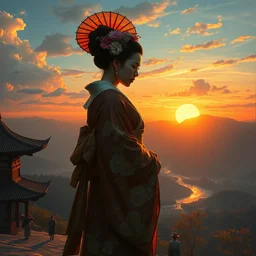 matte painting of a geisha on sunset, alphonse mucha, james gurney, greg rutkowski, john howe, artstation