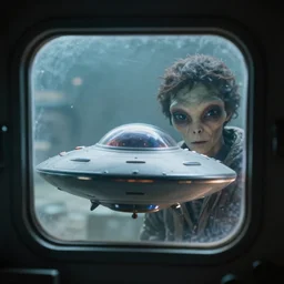 a small ufo with an alien behind the window looking right at the camera.
