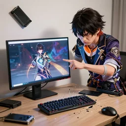 angry weeb fan destroy his monitor and smashes his keyboard into the wall after genshin impact shut down, realistic, hdr, clear image, hdd, dynamic lighting, rtx on,