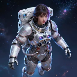 portrait armored astronaut girl floating at space, ssci-fi, neon light and fantasy, intricate and very very beautiful and elegant, highly detailed, digital painting, artstation, concept art, smooth and sharp focus, illustration, art by tian zi and WLOP and alphonse mucha