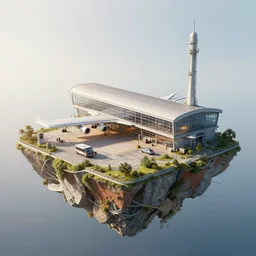 a beautiful ultradetailed highly detailed airport urbex industrial architecture by stanley spencer, architecture island sunlight morning sun nightsky tokyo alien laser lightpaint retrowave at dusk lake, archdaily, wallpaper, highly detailed, trending on artstation.