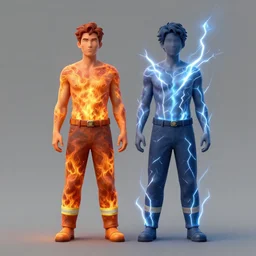 A man whose left is covered in fire and his right is covered in thunder