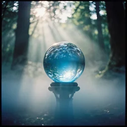 a 3 5 mm lomography photo of wizard with blue glass fresnel ball in the sunshine forest, foggy bottom, god rays