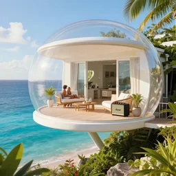 a beautiful appartment for a couple with a beautiful terrasse and a Marshall speaker, the flat is suspended 50 meters above the lagoon of Saint-Martin island in sort of a bubble, mate painting, realistic, beautiful light,