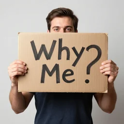 man holding sign that says Why me?