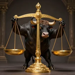 photo of a big friendly yet terrifying bull helping to hold up ancient and magnificent golden scales of balance in the style of stefan kostic, realistic, sharp focus, 8 k high definition, insanely detailed, intricate, elegant, art by stanley lau and artgerm