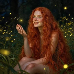 shy young woman, smiling, amazed by the lights of golden fireflies, sitting in the midst of nature fully covered, long loose red hair, intricate linework, dreamy green eyes, small nose with freckles, oval shape face, realistic, expressive emotions, dramatic lights, spiritual scene, hyper realistic ultrafine digital art by james jean and albert bierstadt and artgerm