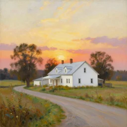 a beautiful oil painting of a white farmhouse on a lonely country road at sunset, thomas kinkade, in the style of kinkade, detailed