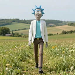 realistic portrait of rick sanchez, face to camera walking in a field. france, dordogne, hills, ultra high, face to camera, detail, 8 k, sunset, flowers, trees, river, hills octane render.
