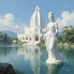 a beautiful lake with a towering white marble temple to the water goddess, a fantasy digital painting by greg rutkowski and james gurney, trending on artstation, highly detailed