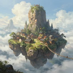 peaceful village built on floating rocks in the sky, rope bridges, birds in background, high fantasy, detailed, digital painting, realistic, landscape by jonathan berube