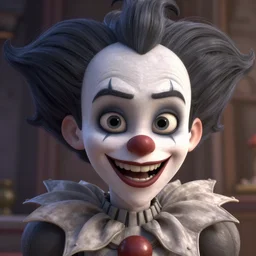the evil jester smirking as a pixar character, lovecraft scene, detailed portrait, 3 d, intricate details, by vincent di fate, artgerm, smooth gradients, octane render, 8 k, volumetric lightning, high contrast, depth of field, duo tone, coherent face