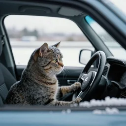 snow frost cat in the car driving on the speedway, detailed and film style, film with 70mm