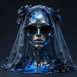 a head made out of melting metal, dark palette, it is wearing sunglasses and and a veil, there are flowers all around it, blue paint melting, vogue cover style, demonic style, smooth fractal style, ethereal fantasy style, 3 d perfect render style, horror style, corpse bride style