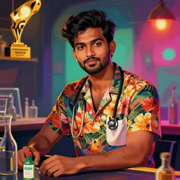 portrait handsome young indian doctor in a floral shirt at a bar, epic scene, by victo ngai, kilian eng vibrant colours, dynamic lighting, digital art, winning award masterpiece, fantastically beautiful, illustration, aesthetically inspired by beksinski and dan mumford, trending on artstation, art by greg rutkowski, 8 k