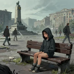 storyboard : sadie sink in hoodie sat down on bench in ruined square, pedestrians walk by, old soviet monument nearby. scifi cyberpunk. drawn by gabriel hardman. cinematic atmosphere, detailed and intricate, perfect anatomy