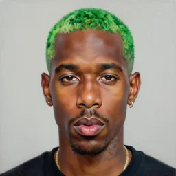 portrait painting of frank ocean, green hair buzzcut